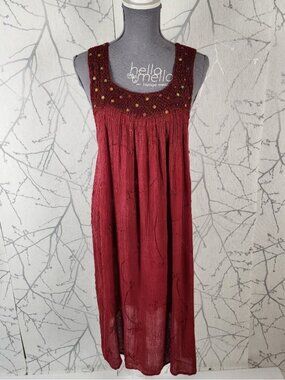 Pina Red Crinkle Crochet Round Neck Flowy Swing Dress